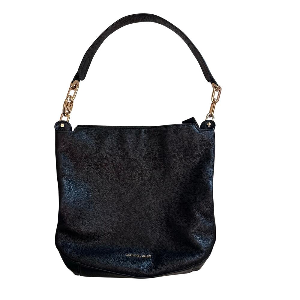 Michael Kors Fulton Black Pebbled Leather Shoulder Bag Gold Tone Hardware Chain